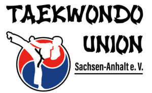 Schriftzug Taekwondo Union Sachsen Anhalt e.V. und ein Kämpfer vor einem blau-rotem Yin & Yang Zeichen
